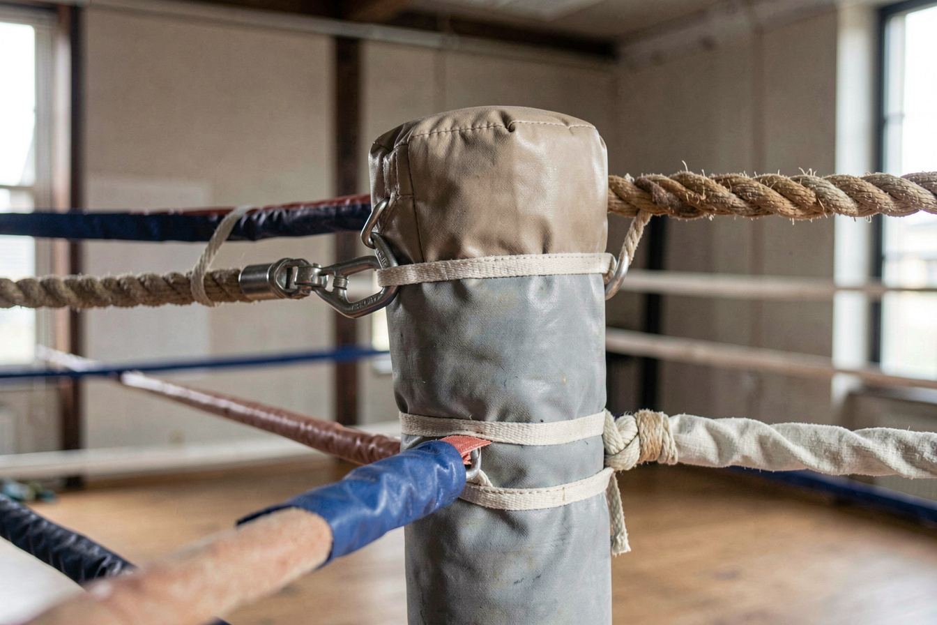 Een lege kruk in de neutrale hoek van een trainingszaal, met een handdoek en een waterfles op de grond ernaast, licht van een hoog raam op de canvas