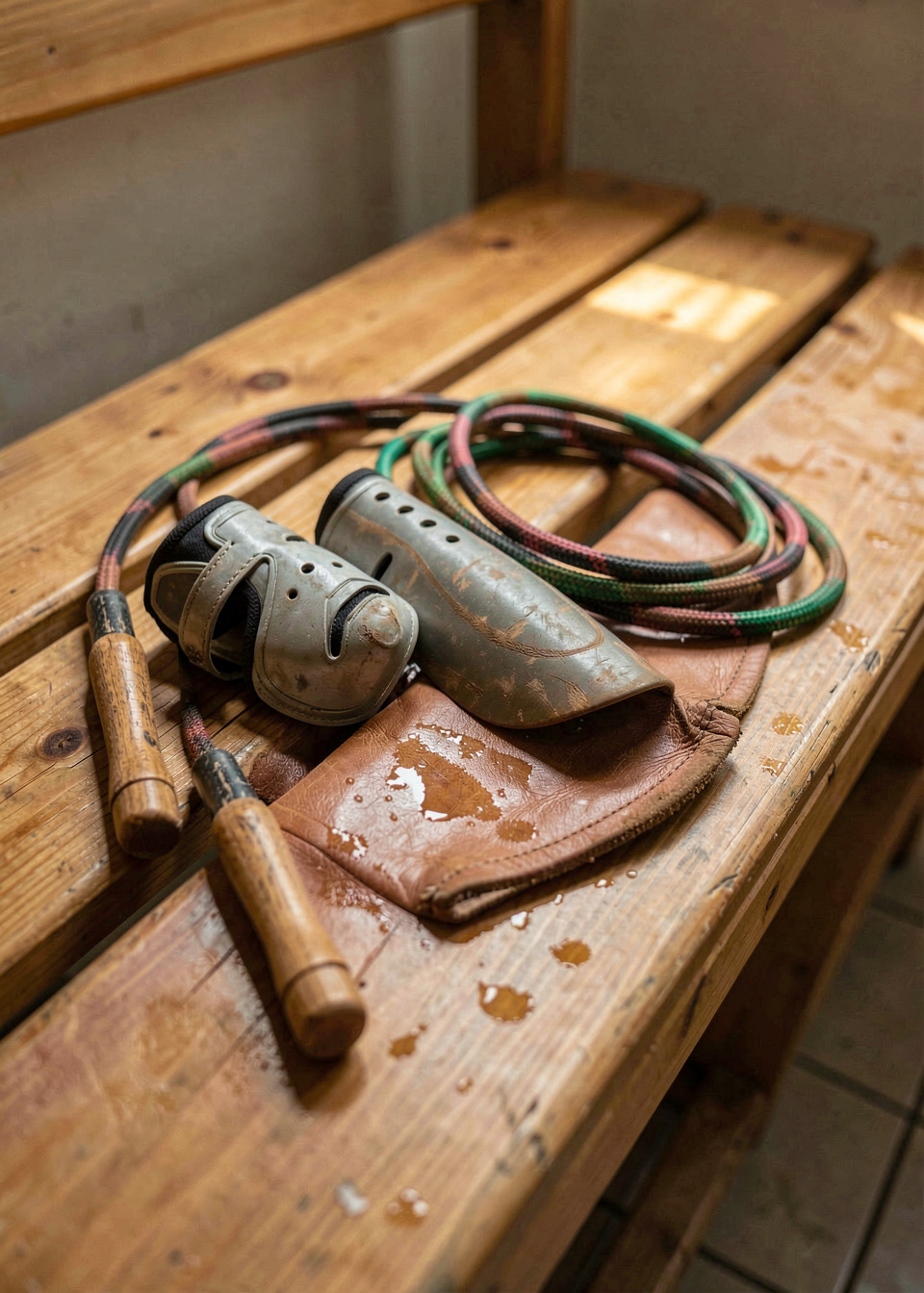 Scheenbeschermers, een springtouw en een leren handschoen op een houten kleedkamerbank