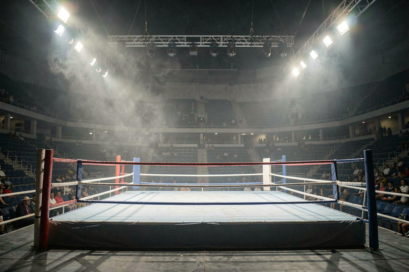 Een boksstadion bij nacht, met lampen boven de ring en donkere tribunes