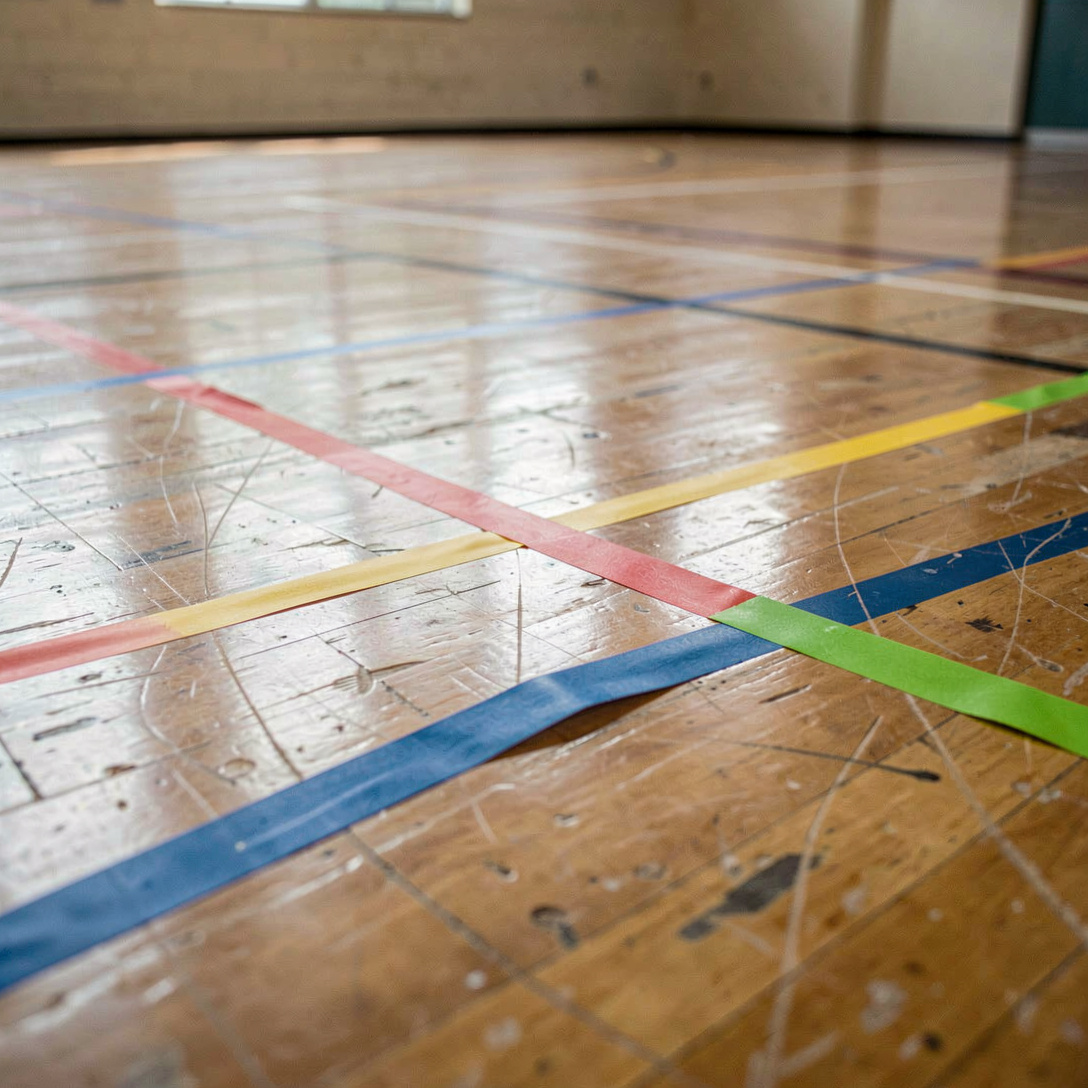 Belijning van tape op de vloer van een gymzaal